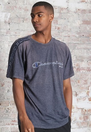 VINTAGE CHAMPION BIG TAPE LOGO SPELLOUT T-SHIRT BLUE