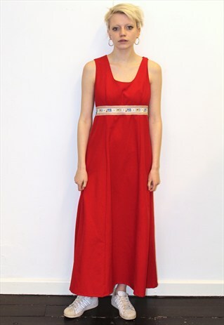 70S VINTAGE RED DRESS FLORAL WAISTBAND MAXI BOHO FULL LENGTH