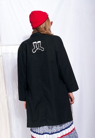 VINTAGE BLAZER W FEMINIST PATCH 80S REWORKED BLACK JACKET