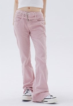 Flare jeans belt attachment denim pants in pastel pink