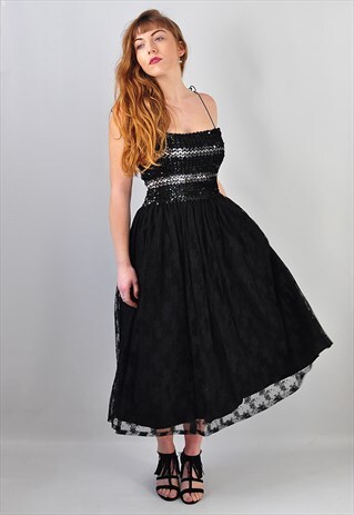 VINTAGE PROM DRESS IN BLACK WITH SEQUINS & TULLE 70S BALL