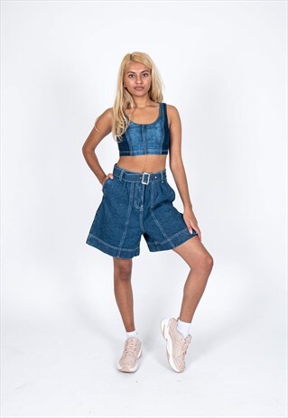 HIGH RISE DENIM SHORTS WITH BELT AND CONTRAST STITCH