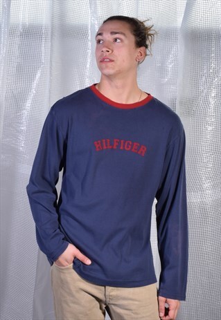 VINTAGE TOMMY HILFIGER NAVY AND RED LONG SLEEVE TEE