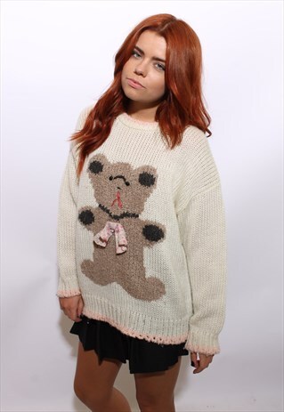VINTAGE 1980'S 80'S OVERSIZE TEDDY BEAR NOVELTY SWEATER OS