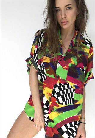 PATTERNED OVERSIZED VINTAGE UNISEX FESTIVAL BLACK SHIRT