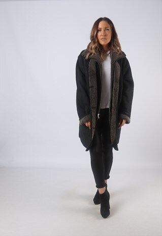 VINTAGE SUEDE SHEEPSKIN SHEARLING COAT UK 14 LARGE (B3B)