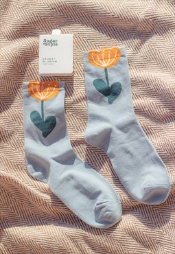 Blue Tulip Flower Illustrated Ankle Top Socks