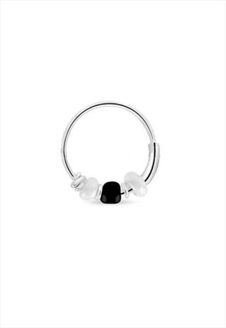 STERLING SILVER HOOP WITH WHITE AND BLACK BEADS UNISEX