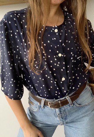 VINTAGE 80S MINIMALIST PARISIAN CHIC POLKA DOT BLOUSE TOP
