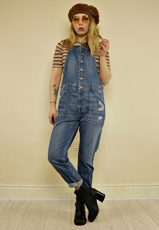 VINTAGE 90'S DISTRESSED HALTER DENIM BUTTON UP DUNGAREES