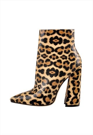 Leopard Pointed Toe High Heels Chunky Block Ankle Booties