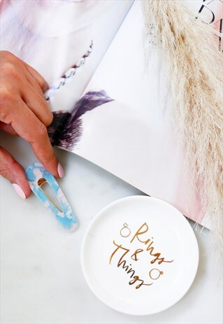 BLUE & WHITE MARBLE EFFECT GOLD BARRETTE HAIR CLIP PIN
