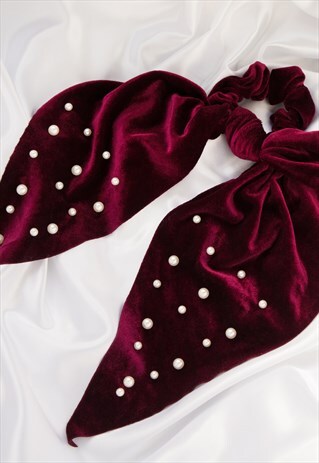 BURGUNDY RED FAUX PEARL VELVET HAIR TIE RIBBON SCRUNCHIE