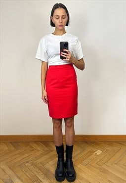 Red Pencil Midi Skirt, High Waist Cotton Skirt