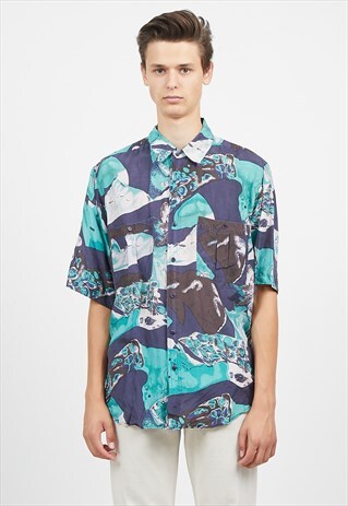 VINTAGE BLUE MOB SHORT SLEEVE SILK SHIRT