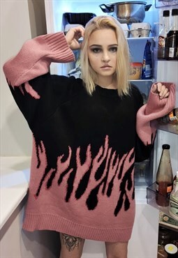 Flame sweater premium fire knitwear jumper in pastel pink