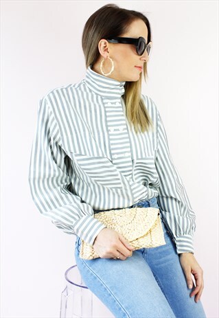 VINTAGE 80'S RETRO GREY STRIPED SHIRT BLOUSE