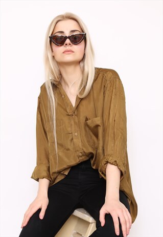 VINTAGE 90S BROWN SILK OVERSIZED BLOUSE SHIRT
