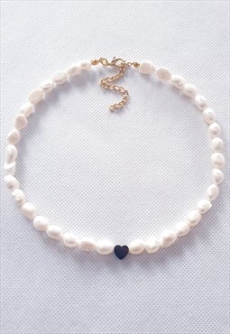 Freshwater Pearl Necklace with Black Heart Charm 