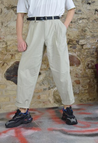 VINTAGE BEIGE STRAIGHT CLASSIC SUIT TROUSERS
