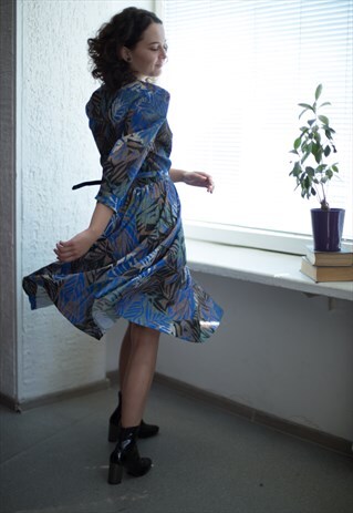 VINTAGE 80'S MIDI MULTICOLOUR PATTERNED PLEATED DRESS