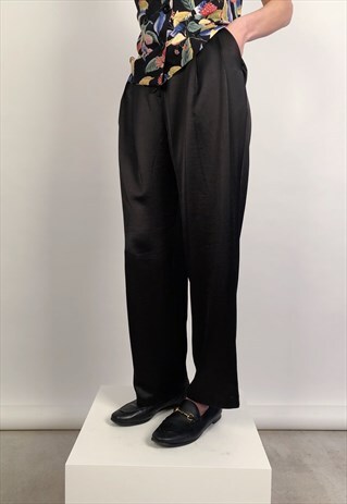 BLACK FLAP POCKET SATIN WIDE LEG TROUSERS