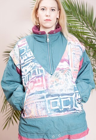 UNIQUE VINTAGE QUILTED WINTER JACKET WITH ABSTRACT PATTERN,.