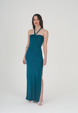 VINTAGE 1970'S EMERALD GREEN MISSONI HALTERNECK MAXI DRESS
