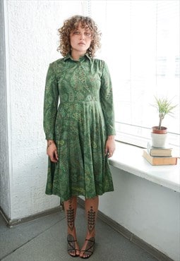 Vintage Green Abstract Print Midi Long Sleeved Pleated Dress