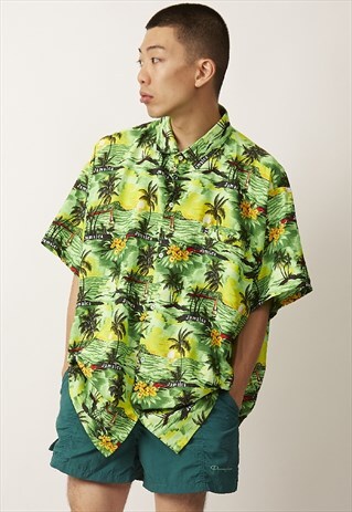 VINTAGE 90'S CRAZY PRINT NEON GREEN HAWAIIAN SHIRT
