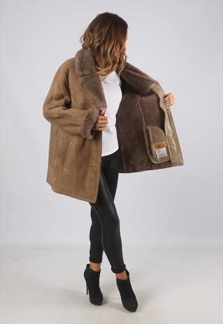 VINTAGE SHEEPSKIN SUEDE SHEARLING COAT SHORT MID UK 14 (C9AX