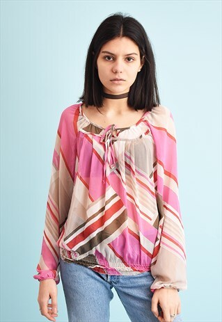 Y2K SHEER ABSTRACT PRINT LOOSE-FITTED TIE UP BLOUSE TOP