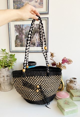 VINTAGE 90S STRAW RAFFIA NAUTICAL CHIC BEACH SHOULDER BAG