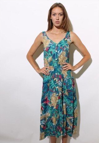 VINTAGE 90S SLEEVELESS TROPICAL PRINT SUN DRESS MIDI S-M