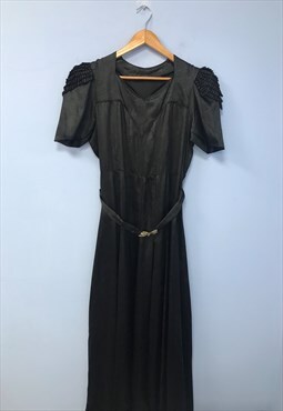 Vintage Maxi Dress Black Pleated Shoulder Satin