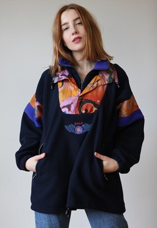 VINTAGE 80'S OVERSIZE 1/4 ZIP FLEECE TOP NAVY BLUE