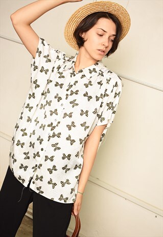 90'S RETRO BOW PRINT FESTIVAL PARIS CHIC BLOUSE TOP