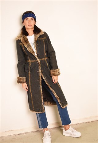 Y2K RETRO FAUX FUR DETAILED SHEARLING SHERPA DENIM COAT