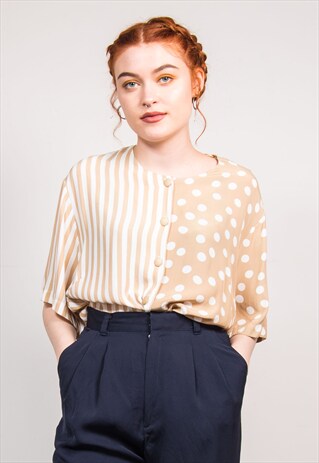 VINTAGE 90'S BEIGE STRIPE DOT PATTERN BLOUSE SHIRT