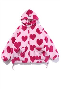 Heart print fleece jacket animal fakefur bomber jacket pink