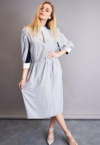 VINTAGE 80'S MOD STRIPPED PATTERN ELEGANT SILK MAXI DRESS