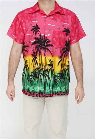 HAWAIIAN STYLE PALM TREE PRINT SHIRTS-FUSHIA