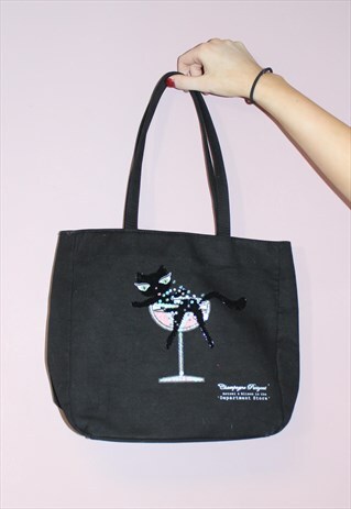 VINTAGE BLACK CAT DESIGN HAND BAG - CHAMPAGNE PUSSYAT COTTON