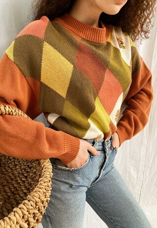 VINTAGE 80S MILKMAID ARGYLE FLORAL EMBROIDERED JUMPER