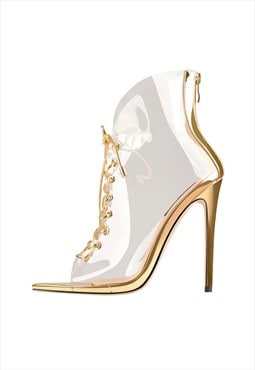 Open Toe Golden Lace up Transparent Zip Ankle Sandals Boots