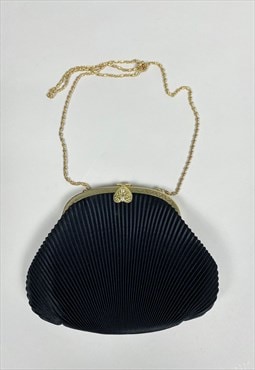 Vintage Ladies 80's Bag Black Fabric Evening Mini Gold Chain