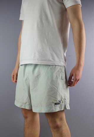 VINTAGE PUMA SHORTS IN PALE BLUE WITH POCKETS, EMBROIDERED L