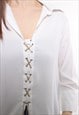 90S WHITE TIE CLOSURE BLOUSE, VINTAGE MINIMALIST HIPPIE TOP