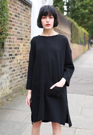 RIBBED DESIGN OVERSIZE WOOL BLEND KNITTED BLACK JUMPER DRESS