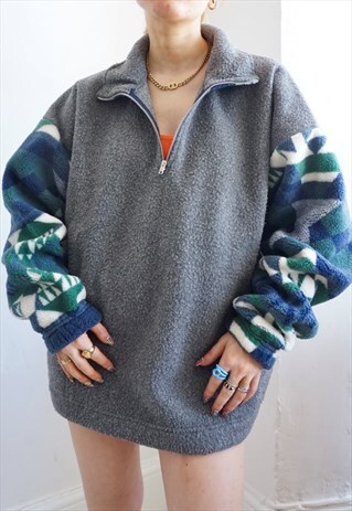 VINTAGE 90S SKI FLEECE CRAZY PATTERN 3/4 QUARTER ZIP 80S
